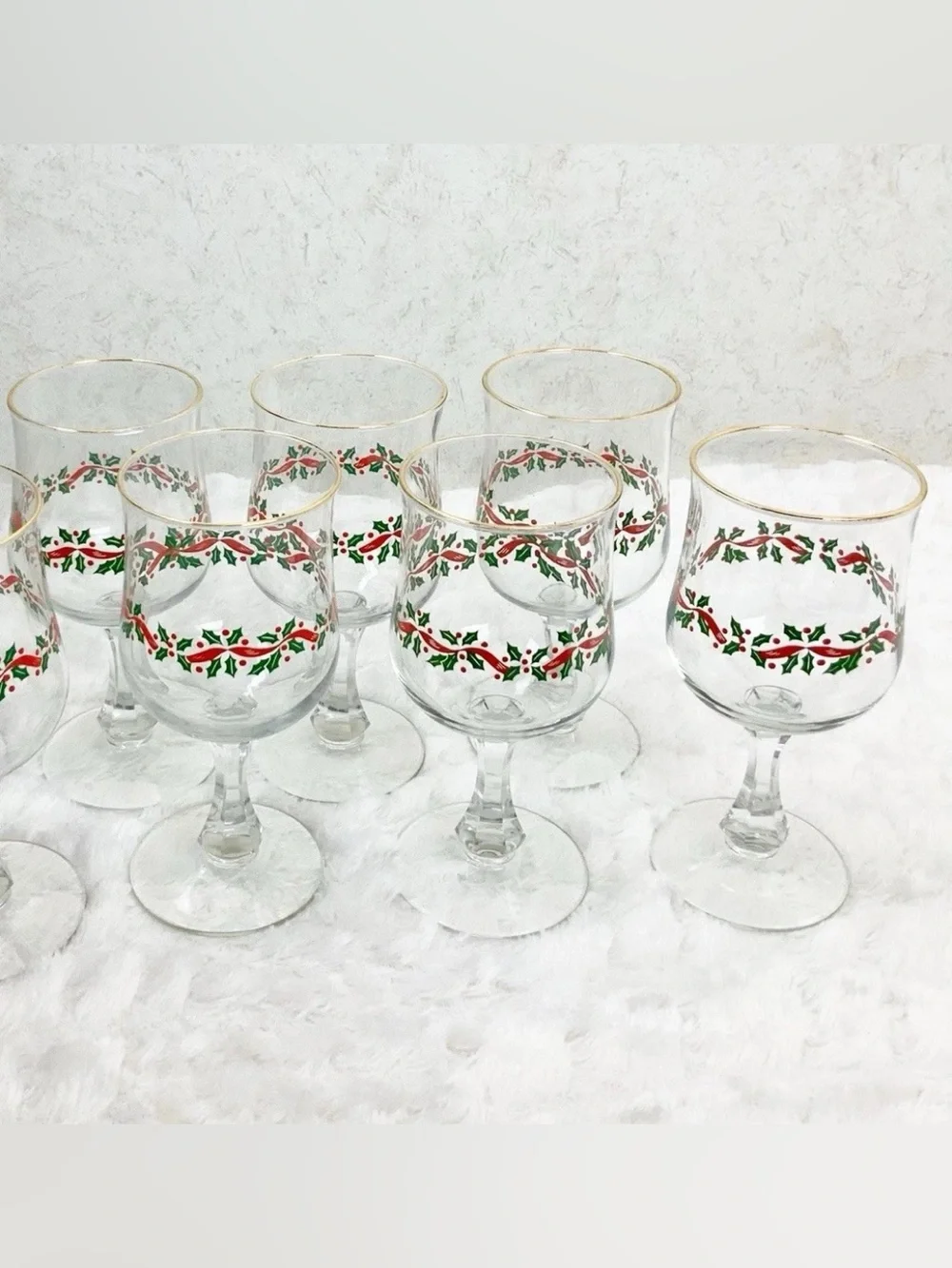 Vintage Libbey Holly Berry 6 Cut Stem Wine Glasses Christmas Holiday Gold Trim
